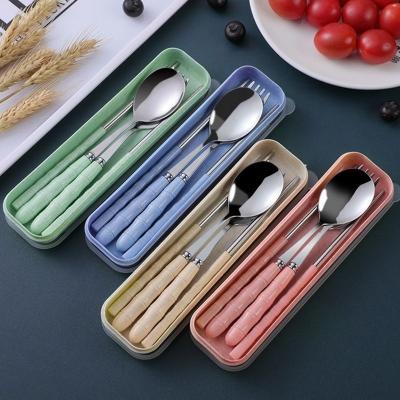 China Sustainable Portable 3pcs Wheat Straw Spoon Fork Chopsticks Stainless Steel Cutlery Set With Case for sale