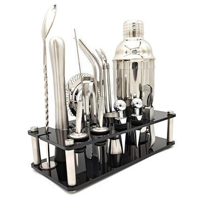 China New product viable 17 pieces set stainless steel cocktail glass Japanese cocktail set stand bar tool acrylic straw version for sale