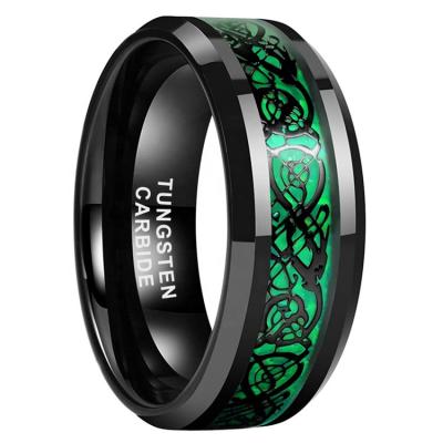 China Millimeter 8mm CLASSIC High Quality Carbon Fiber Dragon Inlay Black Tungsten Ring Mens Womens Engagement Green Wedding Ring for sale