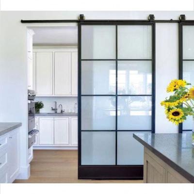 China Interior Decoration Frosted Glass Door With Black Steel FrameSteel Sliding French Barn Door for sale