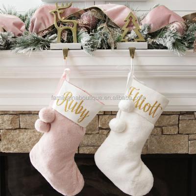 China Sustainable Christmas Ornament Santa Stocking With Pom Poms Plush Sublimation Pink Christmas Stockings for sale