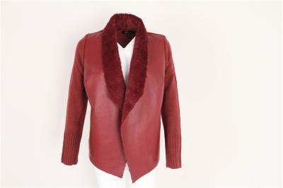 China Fur Lining PU Splicing Ladies Sweater Cardigan Wine Color In Stock for sale