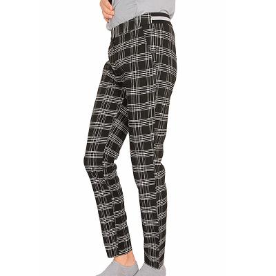 China Stockpapa Black And Coffee Half Elastic Waist Plaid Skinny Pants womens for sale