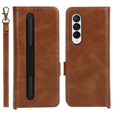 China 2022 New Anti-drop Lanyard PU Leather 2 in 1 Split Case Kickstand Cover Device for Samsung Galaxy Z Fold 3 Case with Pen Holder for sale