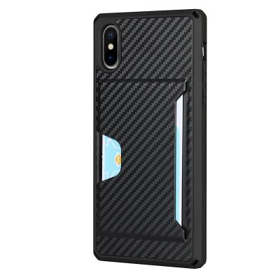 China 2021 Anti-fall Business Black Carbon Fiber Phone Case For iPhone 13 12 Pro 11 X Back Cover Credit Card Pocket Holder Case Wallet for sale