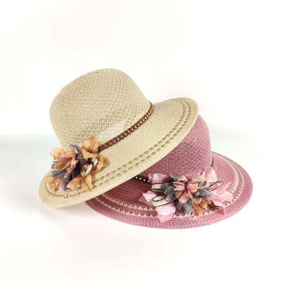 China Beautiful Fashion Striped Decoration Flowers Fishing Women Straw Summer Hats for sale