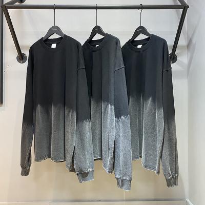 China Custom Raw Anti-pilling Washed Color Block Spray Dyed Bleach Distressed 250gsm Long Sleeve T-Shirts Wholesale for sale