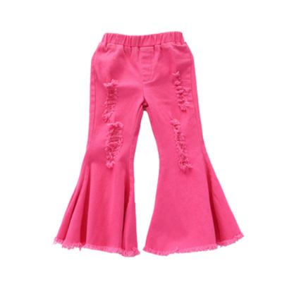 China Casual foreign skinny children's denim stretch girl pants new breathable solid color pink single pants flare pants set for sale