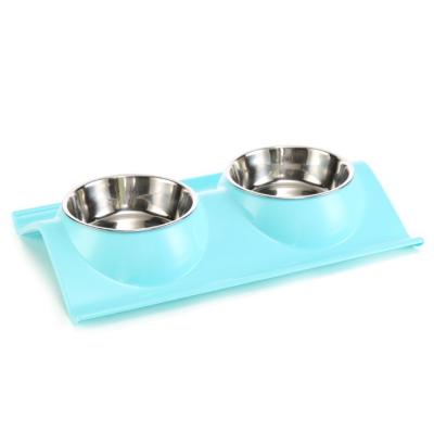 China New Sustainable Hot Dog Bowl Double PP Plastic Bottom Raised Stainless Steel Pet Bowl Eco Friendly for sale