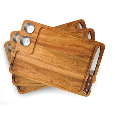 China Sustainable Acacia Wood Steak Grinder Meat Cutting Board Set Including Sauce Cups and Steak Knife for sale