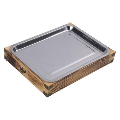 China Sustainable Wood Tray With Stainless Steel Dish For Dinner Steak for sale