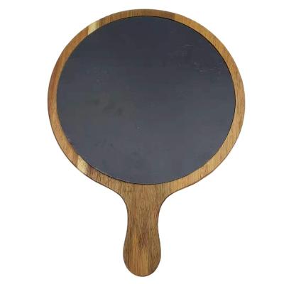 China High Quality Multifunctional Round Acacia Wood Slate Viable Tableware Serving Tray Bread Cake Steak Wooden Base With Handle for sale