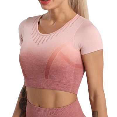 China 2021 New Fitness Wear Women's Breathable Ombre Sport Yoga T-shirt Gradient Color Yoga Tops High Quality for sale