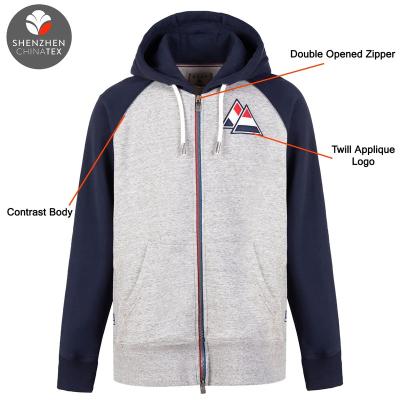 China ODM&OEM Breathable Men's Fleece Two Way Zipper High Quality Sweater Jacket Up Sleeve Super Chunky Drawstring Soft Hand Feel Contrast Hoodie for sale