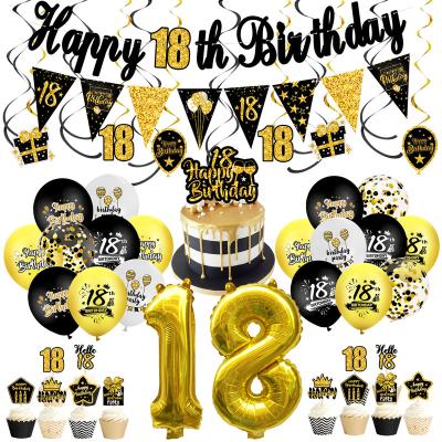 China Amazon Hot Sale Party Decoration 32 Inch Number 18/30/40/50/60 Foil Black Gold Set Happy Birthday Banner Confetti Latex Balloon With Spiral for sale