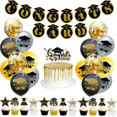 China Gard Banners Gold Black Latex Balloons Congratulations Supplies Set Congraduation Graduation Party Decoration Student Party Cake Topper for sale