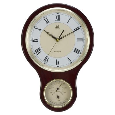 China Custom Antique Style Wall Clock Printed Face Battery Operate Field Plastic Quarter Round Operated Wooden Pendulum Clock With Hygrometer for sale