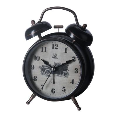 China Antique Europe Double Doorbell Metallic Bell Alarm Clocks Metal Home Silent Hands Decorative Desk and Table Clock for sale