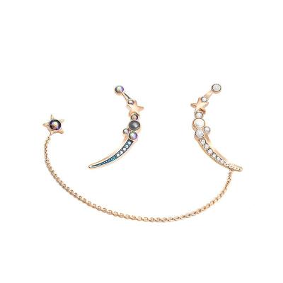 China Popular Asymmetrical Fashion Design Star And Moon Rhinestone Long Stud Earrings Jewelry For Women for sale