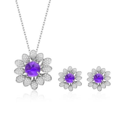 China FASHIONABLE Natural Purple Amethyst Jewelry Set 925 Sterling Silver Wholesale Big Flower Dangle Stud Earrings for sale