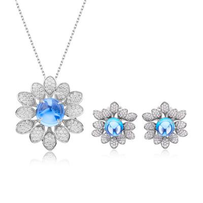 China Trendy Necklace Topaz Jewelry Set Natural Blue Jewelry 925 Flower Tiny Fine Silver Stud Earrings FASHIONABLE for sale