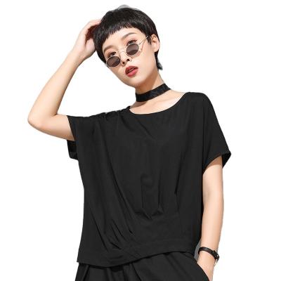 China European and American summer new women's fashion breathable T-shirt shorts sheath exhibition neck loose asymmetrical folding thin round T-shirt for sale