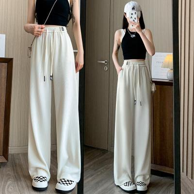 China New Anti-wrinkle summer ice silk sagging wide leg pants women's slim loose high waist embroidery straight tube floor sweeping pants fashionable for sale