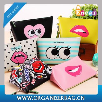 China Unique New Design PU Encai Zipper Cosmetic Bag Lips Pattern Makeup Bag With Handle for sale