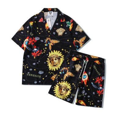 China 2022 new men's anti-pilling shirt and shorts set fashion beach print casual 100% polyester backing custom for sale