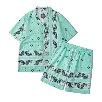 China Anti-pilling 2022 new men's shirt and shorts set fashion cashew printing 100% polyester casual support custom for sale