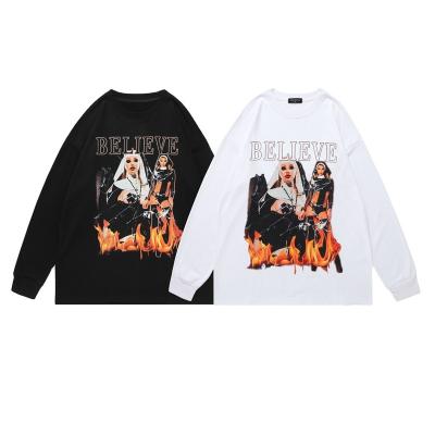 China 2021 Anti-wrinkle all-match style nun printed two color cotton crew neck casual long sleeve black and white sweater for sale