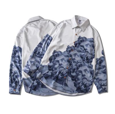 China 2021 latest anti-pilling young couple men's all-match male statue printing loose long-sleeved shirt for sale