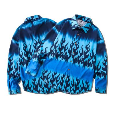 China 2021 Latest Anti-pilling 2021 Latest Couples Young Men's All-match Blue Flame Printing Loose Long Sleeve Shirt for sale