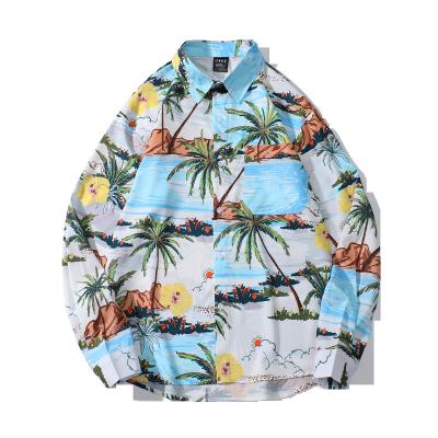 China Anti-pilling new casual men's long sleeve shirt beach coconut tree print hawaiian shirt fashion customization for sale