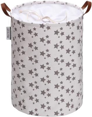 China Seaside Pattern Team Star Pattern Laundry Hamper Canvas Fabric Laundry Hamper Collapsible Collapsible Storage Bin with PU Leather Handles Cord for sale