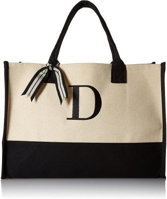 China Multifunctional Classic Initial Black And White Canvas Tote Bags Hessian Beach Bag Custom for sale