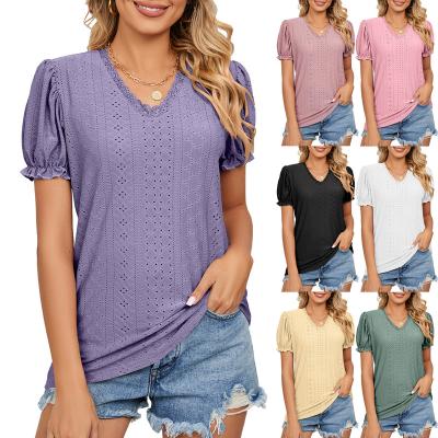 China 2023 Europe and America breathable spring sleeve hollow v-neck stitching T-shirt and princess retro solid color lace summer full female for sale