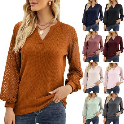 China 2023 breathable autumn and winter new polyester waffle lace splicing the full V-neck long-sleeved T-shirt female for sale