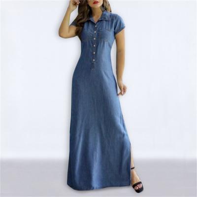 China 2023 new Europe and America breathable long shirt skirts denim large size casual dress pocket collar open swing skirt for sale