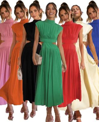 China 2023 Europe and America fashion new summer elegant evening dress stand collar solid color comic waist length dresses breathable for sale