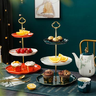 China 3 Tier Wedding Table Green Ceramic Fruit Snack Cupcake Cake Stands Wholesale Green Stocked Holder for Tea Serving Tray for sale