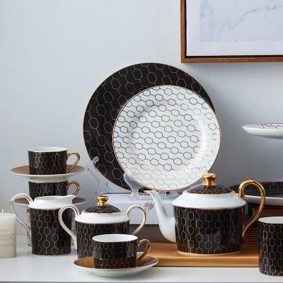 China Stocked England Style White And Black Gold Rim Ceramic Coffee Tea Cup Set With Teapot Cup Sets Snake Dish Porcelain Dinner Set for sale