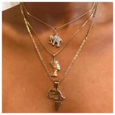 China Fashionable Hot Sale Pharaoh Elephant Pendant Necklace Multilayer Gold Plated Africa Map Necklace For Women for sale