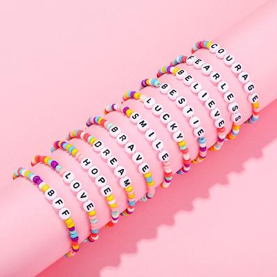 China 2021 Bohemian fashionable colorful handmade acrylic seed bead bead letter bead elastic bracelet for women for sale