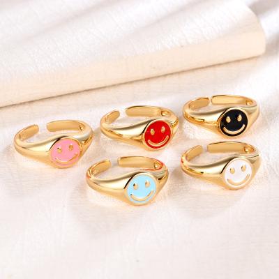 China Fashionable New Arrival Smiley Cute Rings Gold Plated Enamel Smile Face Brass Rings For Women Girls for sale