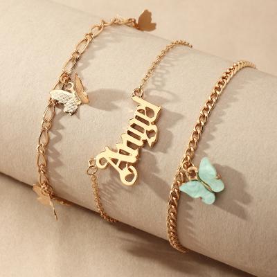 China Trendy 3Pcs Gold Anklets Set Butterfly Anklets Boho Layered Beach Anklets Foot Chains Adjustable Foot Jewelry For Women for sale