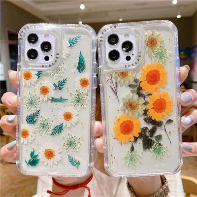 China Real Dry Transparent Anti-fall Flower Glitter Cover Phone Shockproof Bumper Case For iPhone 11 12 pro XR Max XS X Max 7 8 plus 12 mini for sale