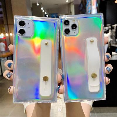 China Anti-Drop Rainbow Laser Square Clear TPU Wrist Strap Soft Phone Case For iPhone XS Max X XR 7 8 Plus Cover for sale