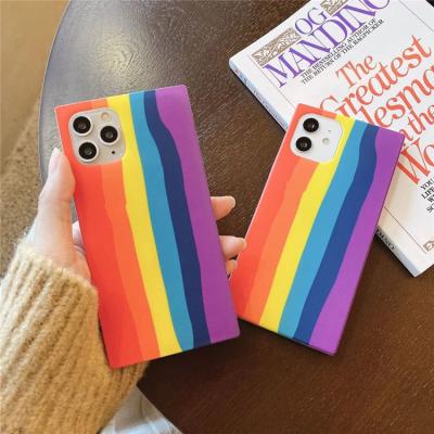 China Anti-drop Luxury Cute Rainbow Square Phone Case For iPhone 12 pro 11pro max 7 8 plus Soft Silicone Shell Stripe Back Protective Cover for sale