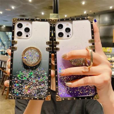 China IPhone 13 Epoxy Diamond Ring Holder Shockproof Gradient Luxury Glitter Is Phone Case For 11 12 Pro Max XS X XR 7 8 Plus Square Soft Cover for sale